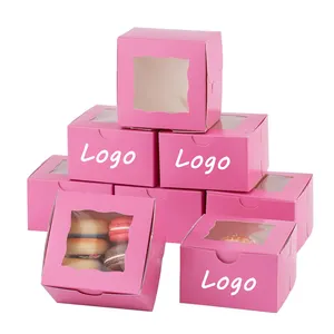 Small Bakery Mini Cake Boxes Pink Foldable Takeaway Dessert Box Biscuit Doughnut Paper Packaging With Windows