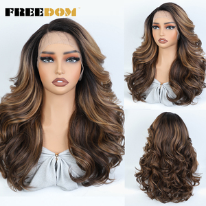 Perruques synthétiques à dentelle frontale FREEDOM, à couches, pour femmes noires, vague corporelle, 22 pouces, pour <span class=keywords><strong>cosplay</strong></span> brun chocolat blond - Product Image 1