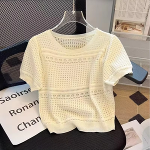 Nouvelle Arrivée 2025 – <span class=keywords><strong>Pull</strong></span> Tricoté en Soie Glacée pour <span class=keywords><strong>Femme</strong></span>, Blanc, Col Vintage, Manches Courtes Creuses, Fin, pour l'Été - Product Image 1