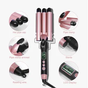 Self Curling Iron Large 3 Barrel Wave Hair Curling Iron Wand Barrel Curling Beach Waver With Dual Temperature Adjust Display