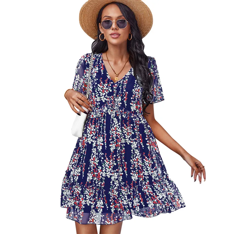 Floral Print Fashion Summer Deep V-Neck Drape Short Women Dress Chiffon Casual Dress Elegant Beach Bohemian Ladies Dresses