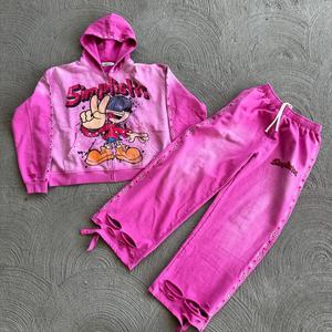 Conjunto Deportivo Vintage Personalizado con Estampado DTG, Chándal con Lavado Ácido, Sudadera con Capucha y Pantalones Deportivos de Pierna Recta y Acampanados para Hombre - Product Image 3