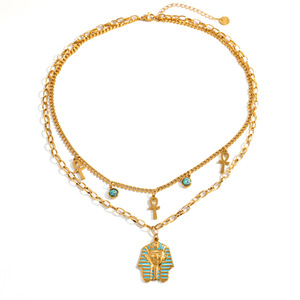 Collar en capas con busto de faraón egipcio y cruz Ankh, chapado en oro de 18k, para viajes, joyería de moda. - Product Image 5