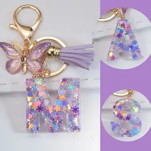 Initial Alphabet resin letter Women keychain Tassel Butterfly Purple sequin Cute Letter Key chains for Purse Backpack bag charms