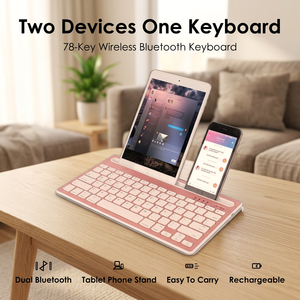 Clavier sans fil double appareil pour téléphone, 78 touches, Bluetooth, rechargeable, support tablette, portable, fin, léger, compact - Product Image 1