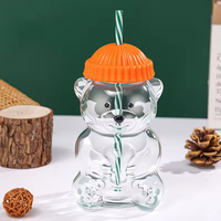 Vaso de vidrio de borosilicato alto con forma de oso, tapa con pajita y gorro, botella portátil para bebidas heladas, jugos y agua para niños, ideal para la vuelta al cole.