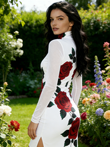 Women's Bodycon Dress with White Rose <b>Print</b> - Elegant Tight-Fitting Short Dress with High Neck and Sheer Long Sleeves - Product Image 4