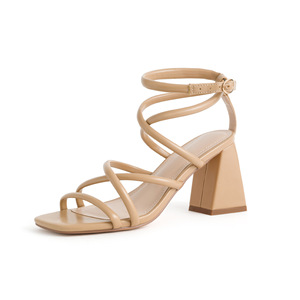 Sandali Estivi da Donna con Tacco Alto, Punta Quadrata, Sandali Romani con Cinturini, Cinturini Sottili, Tacco Grosso, Colore Albicocca, Tacco Super Alto - Product Image 2