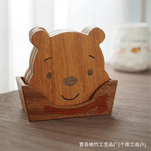 ชุดจานรองแก้วไม้ลายการ์ตูนหมีสำหรับกาแฟ ชา ถ้วย แผ่นรองกันความร้อน อุปกรณ์เสริมบนโต๊ะอาหารที่บ้าน - Product Image 4