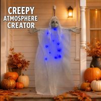 SIPKLR Fantôme suspendu lumineux pour Halloween de 85 cm avec LED bleues, accessoire fantôme blanc effrayant pour la décoration de maison hantée, de jardin et de cour