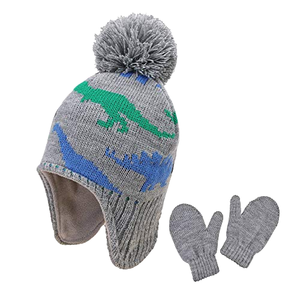 Bonnet en tricot chaud pour enfants, motif dinosaure de dessin animé mignon, doublure polaire, 100 % acrylique - Product Image 1