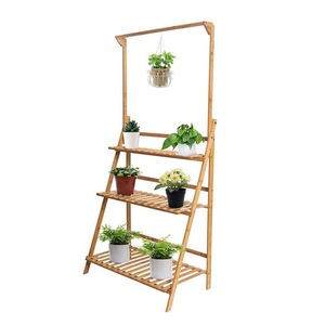 Bamboo 3 Tier Plant Stand <b>Foldable</b> Floor Standing With Hanging <b>Basket</b> For Indoor Outdoor Use - Product Image 3