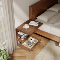 Table d'appoint en bois massif à 4 niveaux en forme de C avec 2 roulettes verrouillables et sac de rangement, mobilier de salon moderne du milieu du siècle BJ014