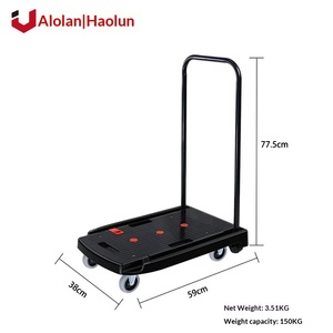 Black Plastic Platform <b>Hand</b> <b>Cart</b> With Steel Handle Four-Wheel Durable Folding Design For Household Cargo Transport - Product Image 5
