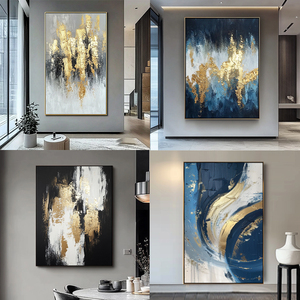 Grande Dipinto su Tela Blu e Oro, Pittura Murale Creativa in Acrilico, Arte Astratta Moderna di Lusso con Texture - Product Image 6