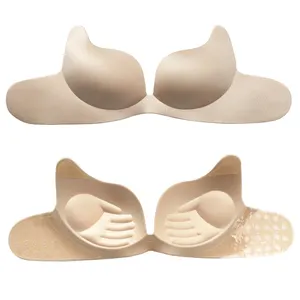 One Piece Cat Ear Shape Hand Cup Simple Solid Color Strapless Uplift Pushup Sponge Bra With Removable Back Strap