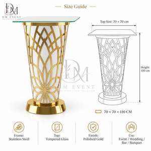 Custom Gold Stainless Steel Round Floral Column Cocktail <b>Table</b> with <b>Mirrored</b> Tempered Glass Top for Wedding Parties - Product Image 5