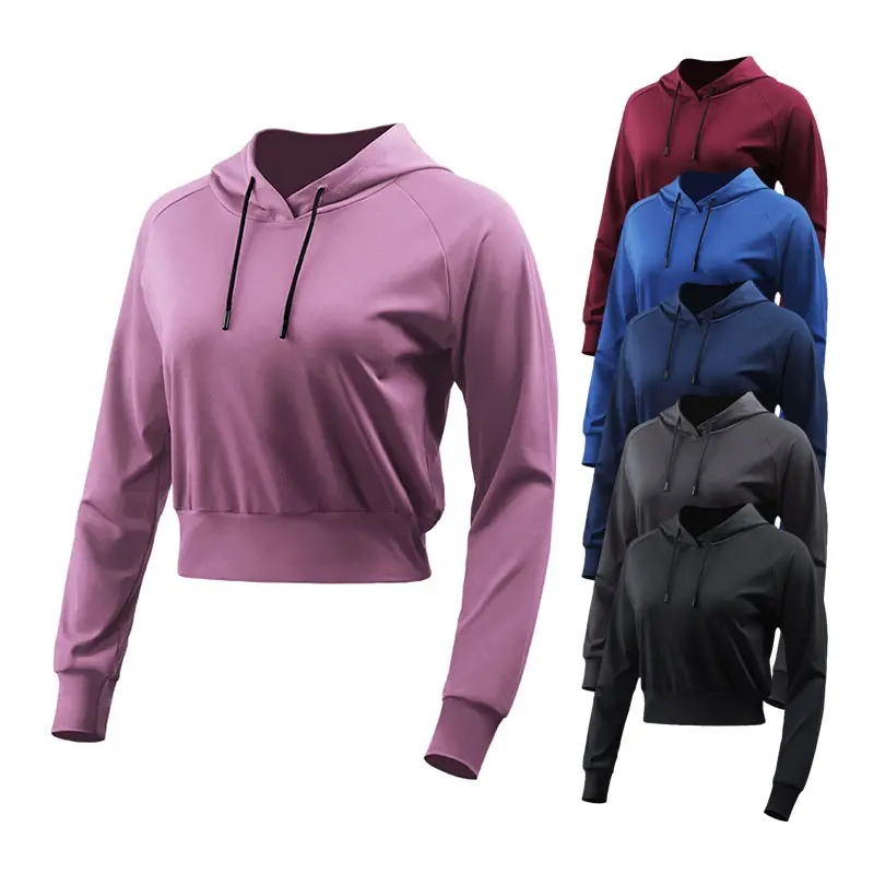 Atasan Pendek Bertudung Wanita, dengan Logo Kustom Musim Semi dan Musim Gugur Baju Olahraga Fitness dengan Kerudung Polos Pullover Hoodie