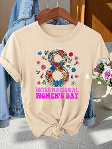 T-shirt elegante da donna girocollo a maniche corte con stampa floreale per la Giornata Internazionale della Donna, top primavera estate autunno vestibilità regolare - Product Image 3