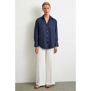 Chemise à motif diagonal pour femme, bleu marine, satin, boutonnée, classique, pour tous les jours - Product Image 5