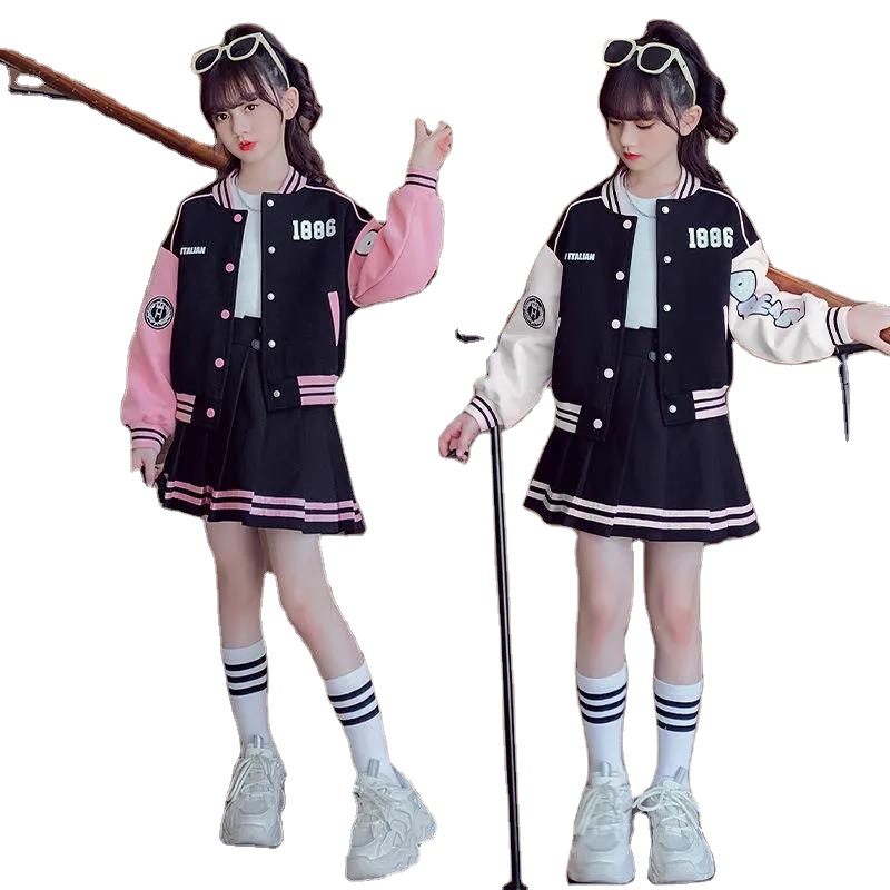 Весенне-осенний спортивный костюм для девочек, новый 2023 Корейская бейсбольная форма, куртка, плиссированная юбка, Детский комплект из двух предметов