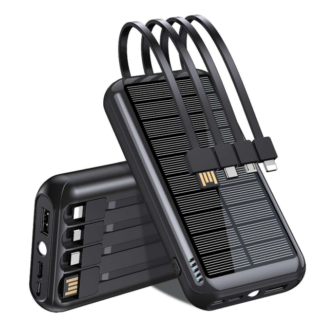 Built-in 4 Cable High Capacity Fast Charge Portable Solar Power Bank 20000mAh Waterproof Micro USB