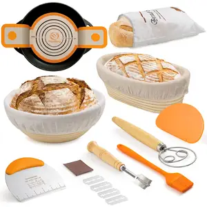 10 Inch Oval 9 Inch Round Sourdough pão fornecimento de cozimento com Linen Liner Silicone Bread Sling Banneton Bread Proofing Basket Set