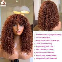 Perruque courte bouclée brune café pleine densité, sans colle, sans dentelle, double tirage, cheveux humains brésiliens de qualité supérieure, avec frange, fournisseur