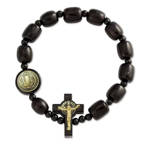 Pulsera de <span class=keywords><strong>Rosario</strong></span> con Cuentas de Madera Aromática, Flor de Rosa y Cruz Religiosa, para Niños, Aniversario, Chapado en Plata Antigua, Panel Pequeño de Madera - Product Image 3