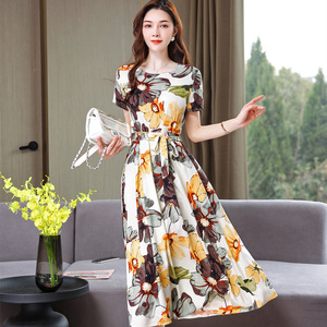All'ingrosso donna nuova boemia stile retrò stampa floreale ampia manica corta a vita alta Casual abito lungo Midi - Product Image 1