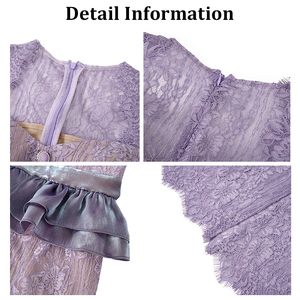 Zyht 20823 màu tím ren hoa sóng HEM chia váy sáng bóng vải eo thon xù Dài đến đầu gối - Product Image 4