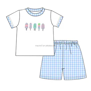 Set di abbigliamento per bambini di alta qualità con ricamo gelato estivo in due pezzi abiti da ragazzo stampati personalizzati