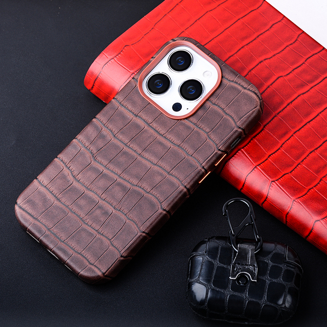 DL Premium Genuine Leather Luxury Real Cowhide Crocodile Skin Magnetic Wireless Charging Phone case for iphone 15 14 13 Pro Max