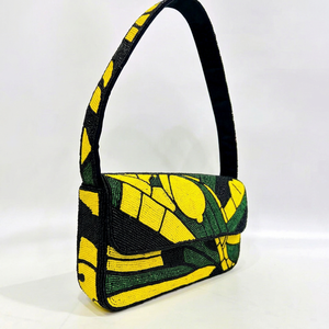 Sac à bandoulière rectangulaire fait main en perles de verre jaune-vert avec broderie et sangle noire, lavable, pour usage quotidien, broderie au point de croix - Product Image 1