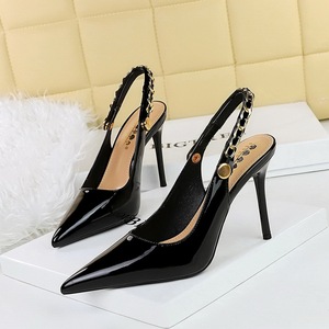 Quality Party Shoes Design Slingback Metal New Designer Glossy <b>BLack</b> Woman Heels 2024 - Product Image 2