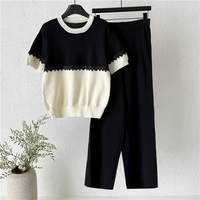 Ensemble deux pièces en viscose tricotée, haut à manches courtes avec bordure en dentelle et pantalon large, élégant et décontracté pour femme de bureau, tenue 2 pièces