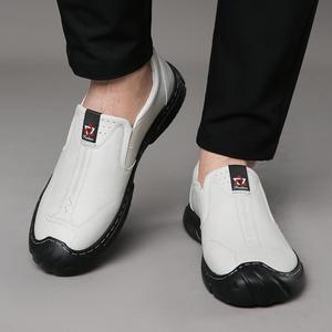 Mocassins en cuir véritable blanc pour hommes, bout rond, à enfiler, semelle extérieure en caoutchouc respirante, chaussures décontractées d'automne - Product Image 4