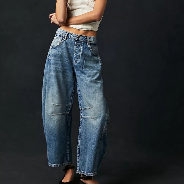 Womens Stretchy Mid Rise Barrel Jeans Vintage Loose Wide Leg Cropped Denim Pants Y2k Baggy Boyfriend Jeans