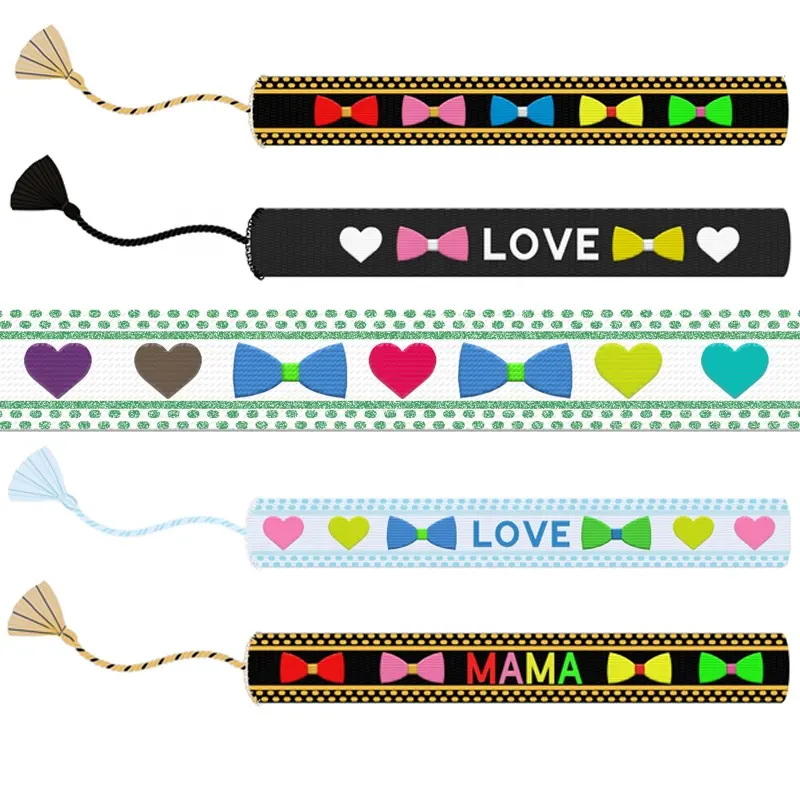 Bow Tie Heart Pattern Different Colors Design Custom Textile Text Letter Embroidered Bracelet Fabric Woven Bracelet
