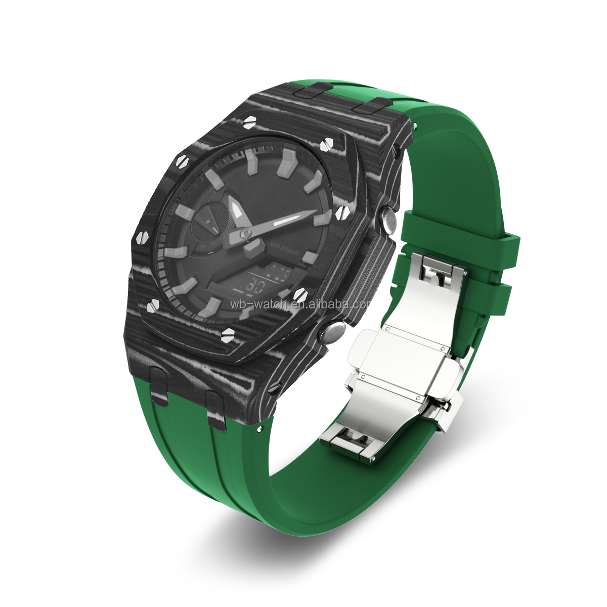 Boîtier de montre en fibre de carbone noir et blanc + ruban vert