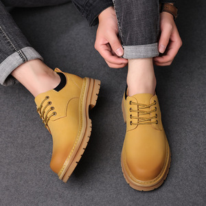 Bottes Martin pour hommes en cuir à bout rond, à lacets, semelle souple en caoutchouc, hauteur cheville, couleur unie, style décontracté, automne - Product Image 2