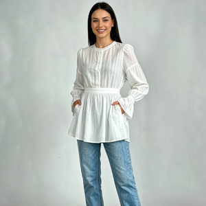 <b>White</b> Long Sleeve Ruffle <b>Top</b> With Belted Waist And Puff Sleeves For Women Casual Woven Cotton Shirt Blouse - Product Image 1