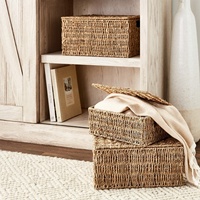 Panier de rangement carré multifonctionnel en jonc de mer tressé à la main, moderne et naturel, avec couvercle anti-poussière pour le rangement des vêtements et des jouets dans le salon