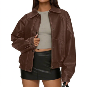 Women's Brown Faux Leather Bomber Jacket Full Sleeve <b>Zipper</b> Closure Turn-down Collar Autumn Style Short Length - Product Image 1