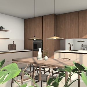 Meubles de cuisine modernes en bois chaud texturé, lignes épurées et lumière naturelle douce, noyer gris <span class=keywords><strong>Achat</strong></span> - Product Image 2