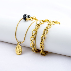 Collar de doble capa de acero inoxidable con cuentas doradas de la Virgen María, diseño de cadena con monedas, joyería para hombre - Product Image 3