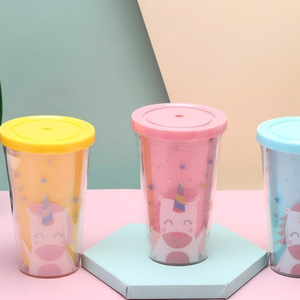 450ml Multicolor Unicorn Themed Plastic Straw Tumbler with <b>Decorative</b> Pom Pom Dome <b>Lid</b> with Straw Dome <b>Lid</b> for Kids Summer Cold - Product Image 1