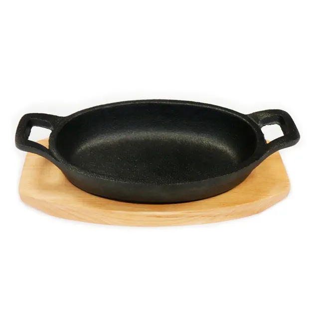 22x15cm 8.6"x6.1" Induction Oval Shape Sizzler Serving Dish Cast Iron Frying Pan Skillet Sizzling Plate with Wooden Tray