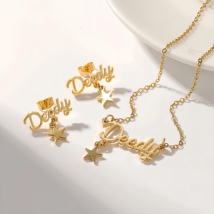 Conjunto de Collar y Pendientes con Mini Colgante Personalizado con <span class=keywords><strong>Nombre</strong></span> y Forma, con Colgante de <span class=keywords><strong>Estrella</strong></span>, Chapado en Oro, Antideslustre, para Mujer - Product Image 4
