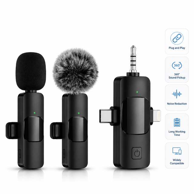 K15 3 in 1 Wireless Clip Microphone with AI Noise Reduction Portable Lavalier Mic for iPhone Android Live Streaming Podcast